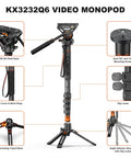 Lightweight Aluminum Video Camera Monopod With Feet For Travel Extends From 26 Inches Folded To 73 Inches, shown with Q6 Fluid Head and tripod base.