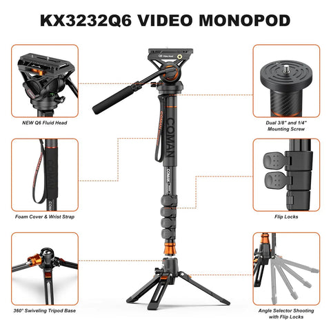 Lightweight Aluminum Video Camera Monopod With Feet For Travel Extends From 26 Inches Folded To 73 Inches, shown with Q6 Fluid Head and tripod base.