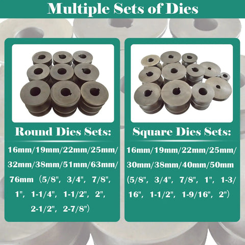 Dang Solid Heavy Duty 1.5Kw Electric Pipe Bender multiple die sets for round and square pipes, sizes ranging from 16mm to 76mm.