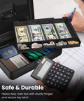 Metal Cash Box With Lock And Nine Compartment Tray For Small Biz Portable Money Box open with coins and bills, secure on-the-go storage