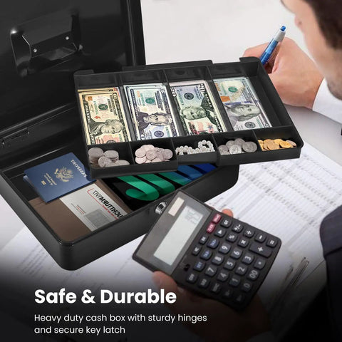 Metal Cash Box With Lock And Nine Compartment Tray For Small Biz Portable Money Box open with coins and bills, secure on-the-go storage