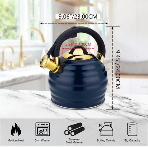 Stovetop Whistling Tea Kettle 3.2 Quart Stainless Steel Teakettle with Heat Proof Ergonomic Handle, blue, on kitchen counter.
