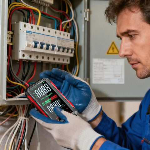 Technician using USB Rechargeable Digital Multimeter With Large Color Screen And Backlight in electrical panel