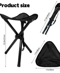 Portable Tripod Folding Camping Stool, 14.6 Inch Seat, Supports Up To 210 Lbs in black with detailed size measurements