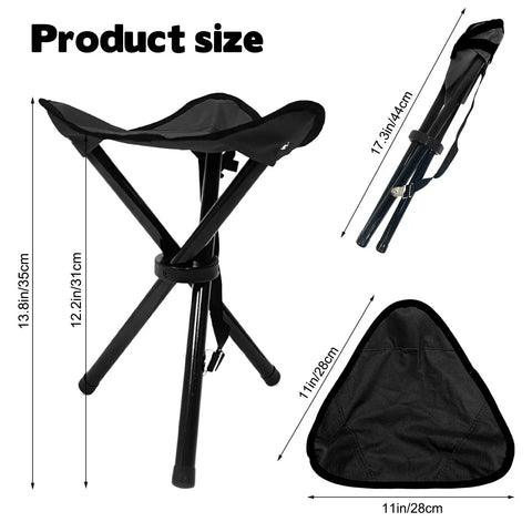 Portable Tripod Folding Camping Stool, 14.6 Inch Seat, Supports Up To 210 Lbs in black with detailed size measurements