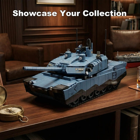 Epic Military RC Abrams-X Tank Beast 2116-Piece Building Set on display, detailed model with 360 turret and elevating barrel