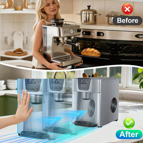 10 Piece Self Adhesive Appliance Casters With 360 Degree Slick Swivel Rollers, Heavy Duty Abs Sticky Mover Pads For Furniture, Coffee Makers, And Air Fryers, Smooth As Butter Glide with coffee maker in use.