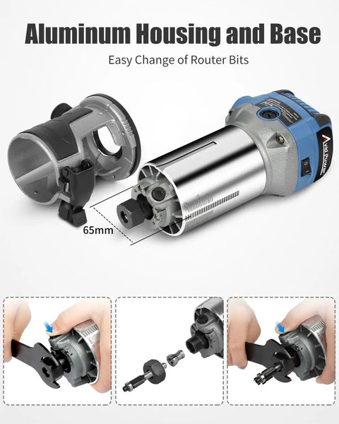 Compact Wood Router With Fixed Base And Edge Guide For Precise Edges, 6.5 Amp Power shown with aluminum housing and base