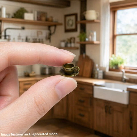 Close-up of a hand holding a miniature teacup from the 3-Piece Antique Bronze Teacup Hinge Heads Decorative Topper Set for Doors.