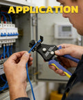 Person using 3 In 1 Automatic Wire Stripper Tool For 8 To 22 AWG in electrical panel for stripping and cutting.