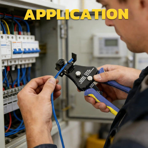 Person using 3 In 1 Automatic Wire Stripper Tool For 8 To 22 AWG in electrical panel for stripping and cutting.
