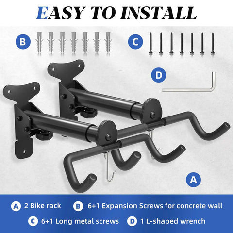 Bike Wall Mount Hanger Adjustable 2 Pack with screws and wrench for easy installation