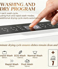 Close-up of control panel showing 5 washing and 1 dry program options for Snappy Portable Countertop Dishwasher With Built In One Point Six Gallon Tank For No Sweat Cleaning Top Shelf Results And Quick Faucet Hookup Without Messy Drain Lines.