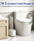 Toilet Plunger And Bowl Brush Combo With Heavy Duty Rubber Head For Drain Clog Removal Curved Bristle Design next to toilet.