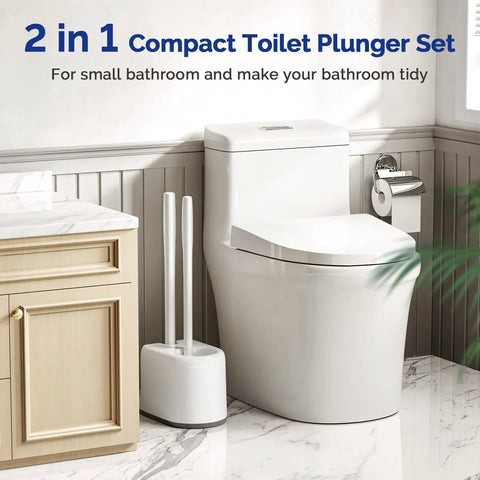 Toilet Plunger And Bowl Brush Combo With Heavy Duty Rubber Head For Drain Clog Removal Curved Bristle Design next to toilet.