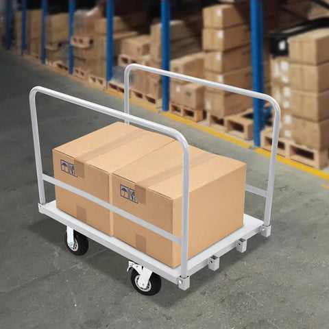 Heavy Duty Platform Truck Cart With Rock Solid Steel Deck And Smooth Roll Casters Built To Shift Two Thousand Pounds Like A Pro Warehouse Workhorse For Daily Hauling Tasks, loaded with boxes in a warehouse.