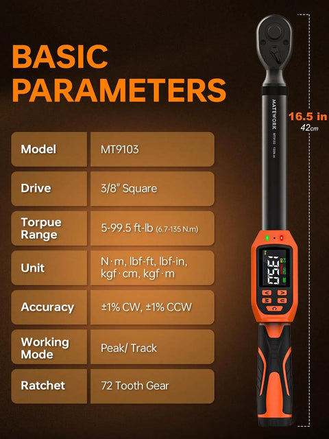 Digital Torque Wrench 3/8 Drive With 5-99.5 Ft-Lb Range, 6.7-135 Nm, detailed parameters and LCD readout