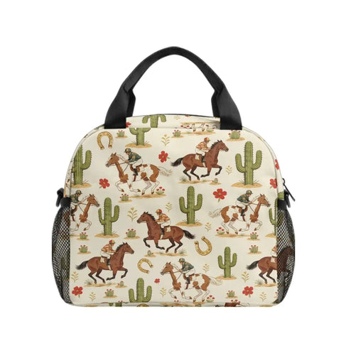 Front view of Desert Horse Insulated Kids Lunch Box with horse pattern, easy-clean lining, and adjustable strap for school and camping.