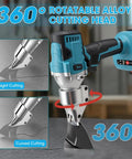 Sumumtor Brushless Cordless Metal Shears With Two 4.0Ah Batteries, 14Ga Steel Cutter with 360° rotatable head for versatile cutting.
