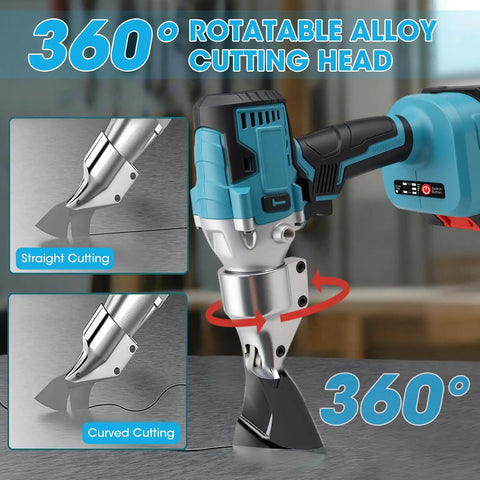 Sumumtor Brushless Cordless Metal Shears With Two 4.0Ah Batteries, 14Ga Steel Cutter with 360° rotatable head for versatile cutting.