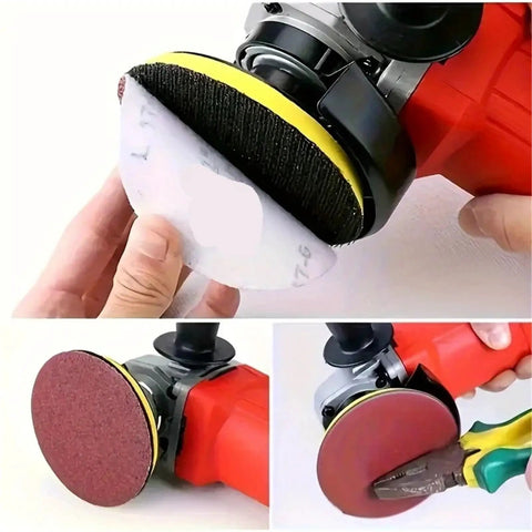 Premium 5 Inch Hook And Loop Sanding Discs With Durable Aluminum Oxide abrasive for Heavy Duty Wood Metal Work in use with a power tool.