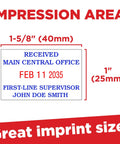 Top Shelf Self Inking Date Stamp With Custom Text And Up To Four Lines For Real Bosses Who Want Legit Office Gear That Runs Through 2033 With Dope Reusable Ink Pad For Zero Hassle Stamping. Impression area details.