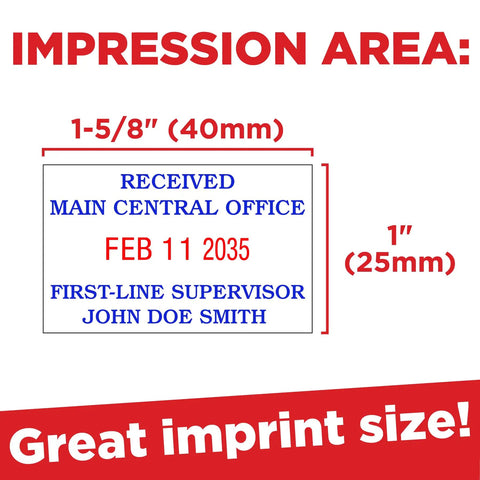 Top Shelf Self Inking Date Stamp With Custom Text And Up To Four Lines For Real Bosses Who Want Legit Office Gear That Runs Through 2033 With Dope Reusable Ink Pad For Zero Hassle Stamping. Impression area details.