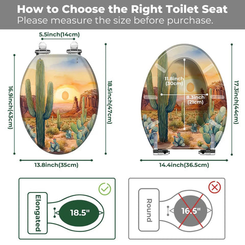 Elongated Resin Toilet Seat for Bathroom dimensions and fitting guide with a desert landscape design, measuring 18.5 inches.