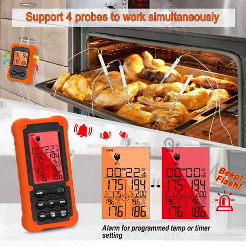 Digital Wireless Meat Thermometer For Grilling And Smoking With Four Probes Oven Safe Kitchen Thermometer 490 Feet Remote Monitor For Backyard BBQ Beef Steak Turkey Candy Desserts, showing four probes in oven meat.