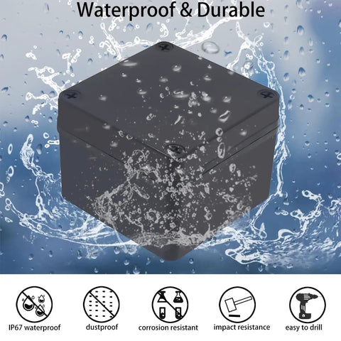 Tough As Nails IP67 Waterproof ABS Junction Box Heavy Duty Electrical Enclosure with water splashes, showing its durable design.