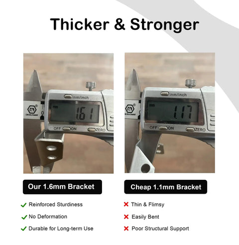 Comparison of 1.6mm and 1.1mm thickness for Stainless Steel Corner Brackets Beefy Heavy Duty Furniture Support For Wood Cabinets Tables Drawers And Chairs Easy Install With Predrilled Holes And Included Screws