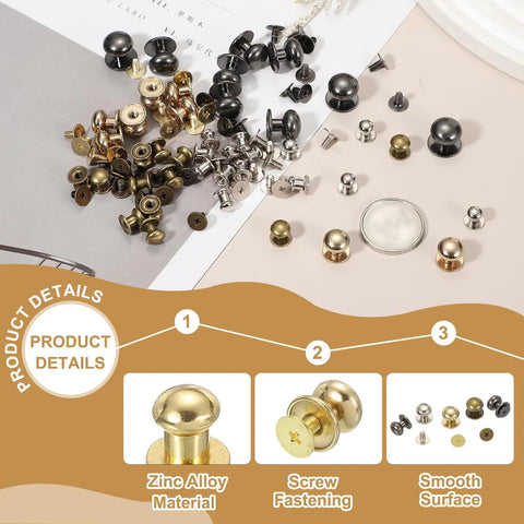 Rock Solid Gold Tone Leather Rivets With Ball Head Studs And Quick Spin Chicago Screws For Handbag Repair Belt Mending and Custom Craft DIY Projects That Set Up Without A Sweat And Deliver Pro Results Every Time, assorted metal rivets.