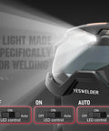 Auto Darkening Welding Goggles With Mask And LED Lighting Type-C Charge shown with LED on and controls off on auto