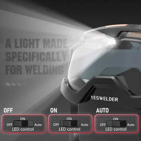 Auto Darkening Welding Goggles With Mask And LED Lighting Type-C Charge shown with LED on and controls off on auto