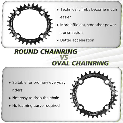 Comparison of round and oval 104 BCD chainrings for 170mm MTB Square Taper Crankset For Single Speed With 104 BCD Chainrings 32/34/36/38/40/42T Round Or Oval Narrow Wide Teeth Lightweight About 609g Durable Aluminum Build Great For Mountain Bikes Ebikes And Commuter Rigs Built For Tough Trails And Daily