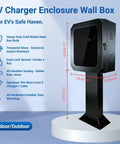 Outdoor EV Charger Enclosure With Key Lock, floor standing steel protective box with tempered glass front, weatherproof, black.
