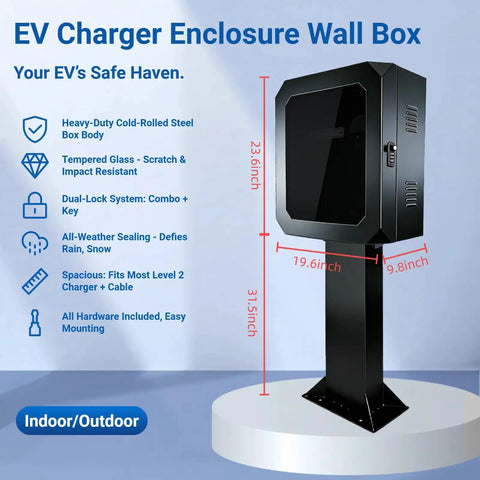 Outdoor EV Charger Enclosure With Key Lock, floor standing steel protective box with tempered glass front, weatherproof, black.