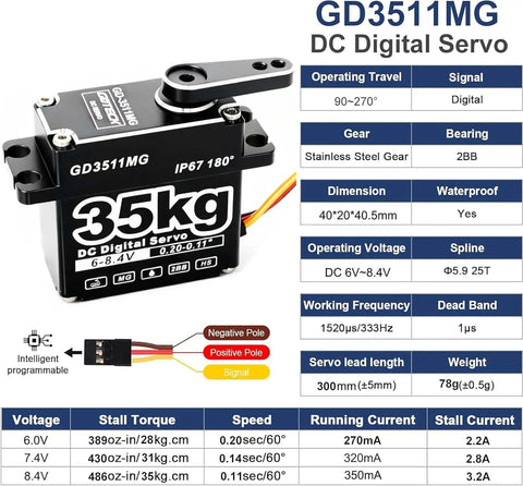 GOTECK 35KG Digital Servo At 8.4V With Full Metal Gear IP67 Waterproof 180 Degree Steering 25T detailed specifications view
