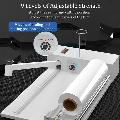 Get This Badass Manual Shrink Wrap Heat Sealer Machine That Slashes Wrapping Time, showing 9 adjustable settings for sealing.