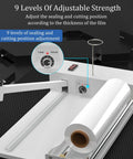 60cm Commercial Heat Seal Shrink Wrapping Machine With Wrap Gun, showing 9 levels of adjustable strength and sealing settings.