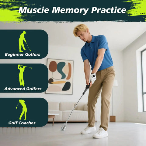 Man using Weighted Golf Swing Trainer and Grip Trainer for Indoor Practice in living room.
