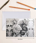 Floral Graphite Print Greeting Cards Half Fold For All Occasions In White Photo Paper 4x6 Inches shown with envelope