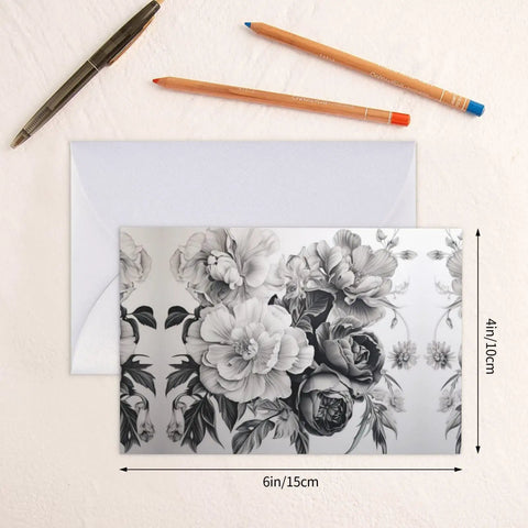 Floral Graphite Print Greeting Cards Half Fold For All Occasions In White Photo Paper 4x6 Inches shown with envelope