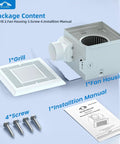 Package contents of Ultra Quiet Bathroom Exhaust Fan 70 CFM 2.0 Sone With LED Light 4000K 600 Lumens, including fan, grill, screws.