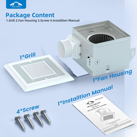 Package contents of Ultra Quiet Bathroom Exhaust Fan 70 CFM 2.0 Sone With LED Light 4000K 600 Lumens, including fan, grill, screws.