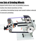 Heavy Duty Variable Speed Belt Sander And Knife Grinder Featuring Wheel Plus Flat Platen Tool Rest For Metal And Wood Polishing 1500W Motor 220V showing three grinding wheel setups.