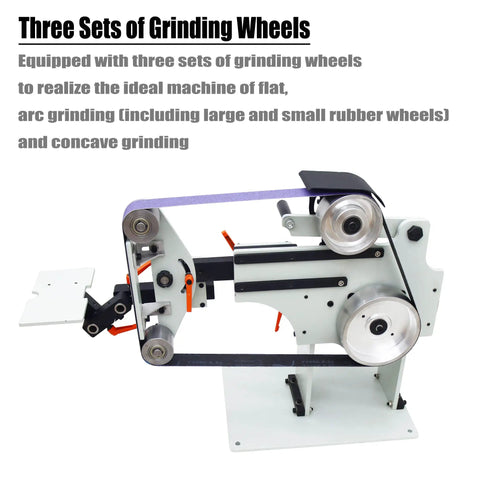 Heavy Duty Variable Speed Belt Sander And Knife Grinder Featuring Wheel Plus Flat Platen Tool Rest For Metal And Wood Polishing 1500W Motor 220V showing three grinding wheel setups.