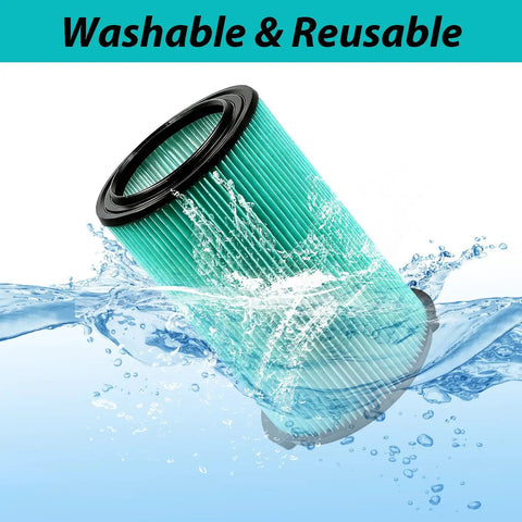 2 Pack VF6000 Five Layer Pleated Vacuum Filter Replacement shown waterproof and reusable for wet dry vacuums 5 to 20 gallon