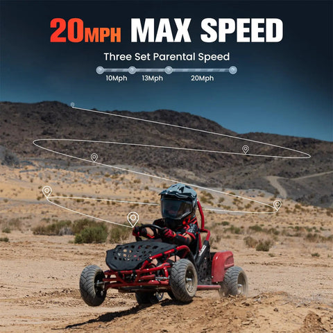 Kid Friendly All Terrain Electric Go Kart With 48V 1000W Motor And Parental Speed Control 13 Inch Off Road Tires Steel Tubular Frame For Durability Ages 6 Plus Red on rugged terrain showcasing max speed options.