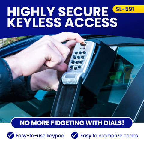 Heavy Duty Car Window Mount Key Safe With Digital Push Button Lock Box, user entering code on keypad, secure storage solution
